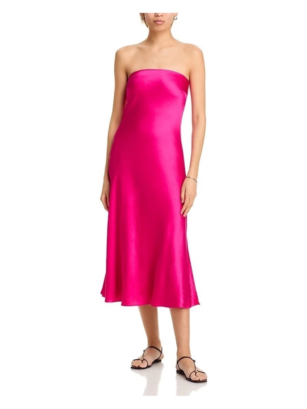 French Connection Oona Strapless Satin Midi Dress in Pink